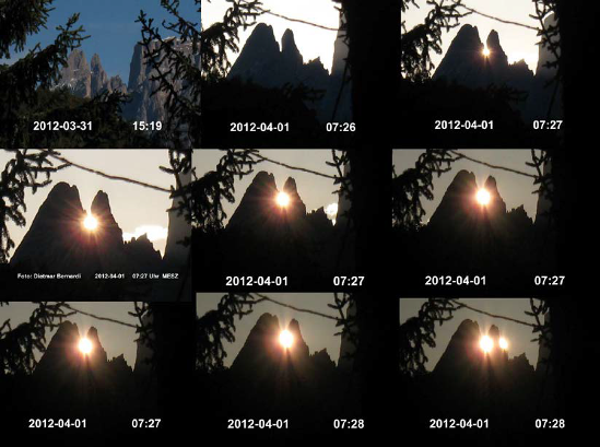 Foto 2. Sequenza del sole diviso tra le due cime dello Sciliar. Fonte Bernardi 2013 Il calendario solare di Costalovara e Stella